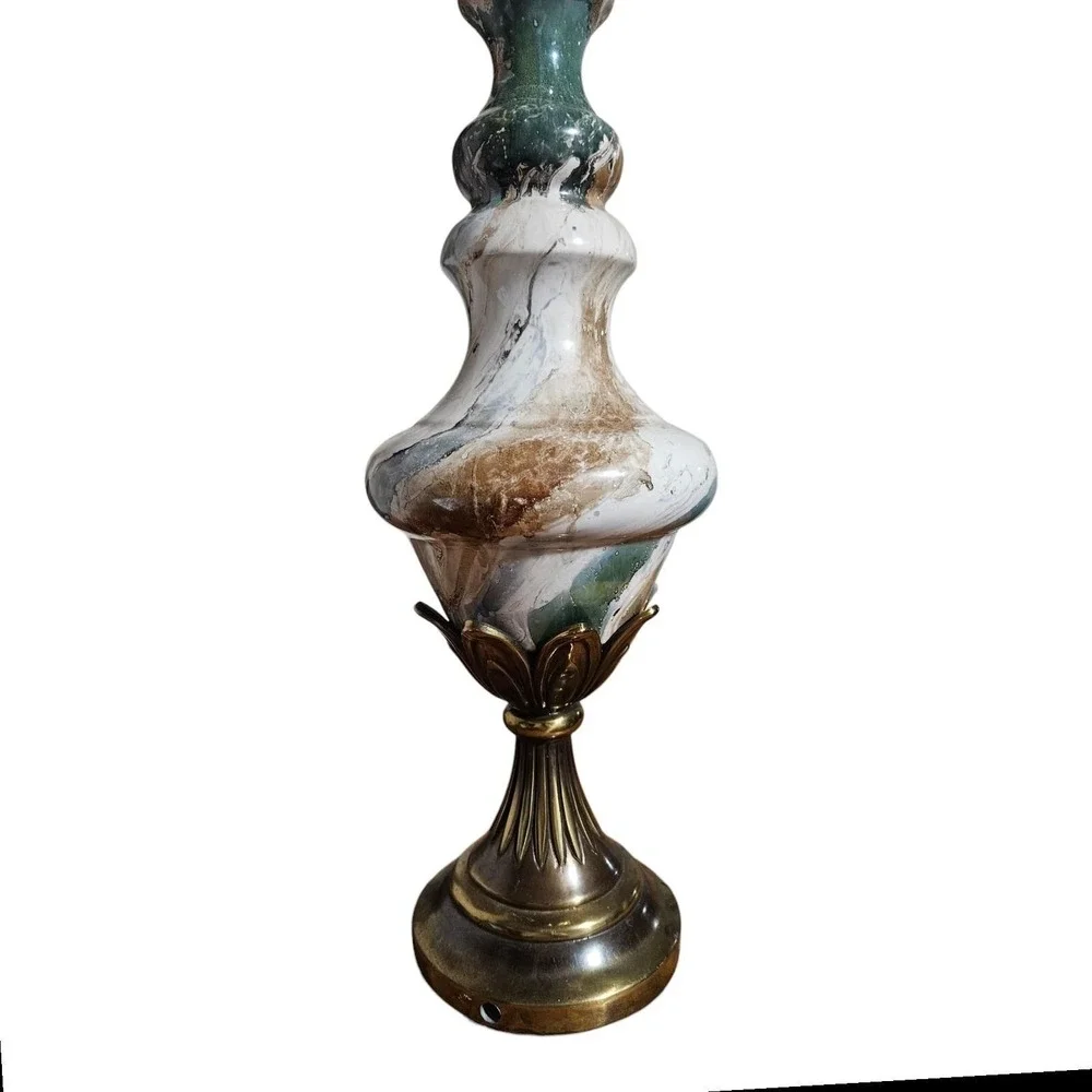 Mid Century Antique Marble Table Lamp W/ Beaded VictorianShade Brass Base Urn